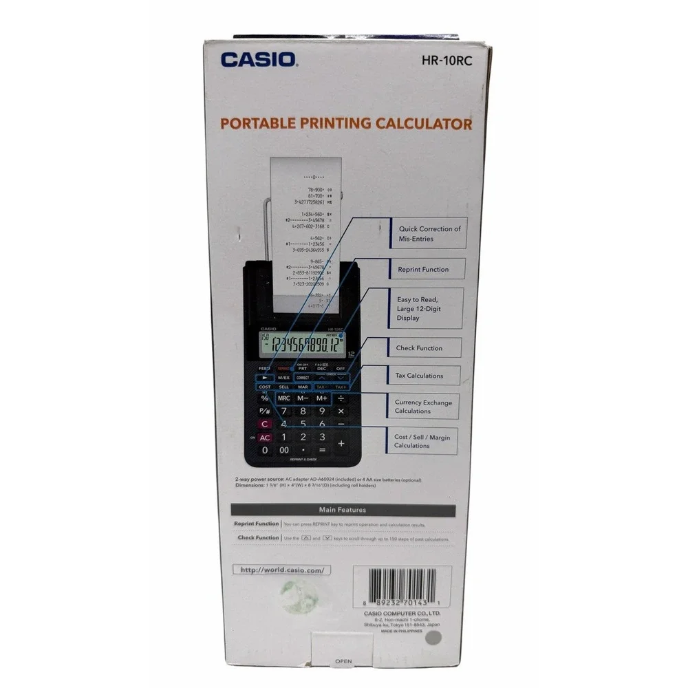 Casio HR-10RC Portable Printing Calculator 12-Digit Open Box w/ Adapter